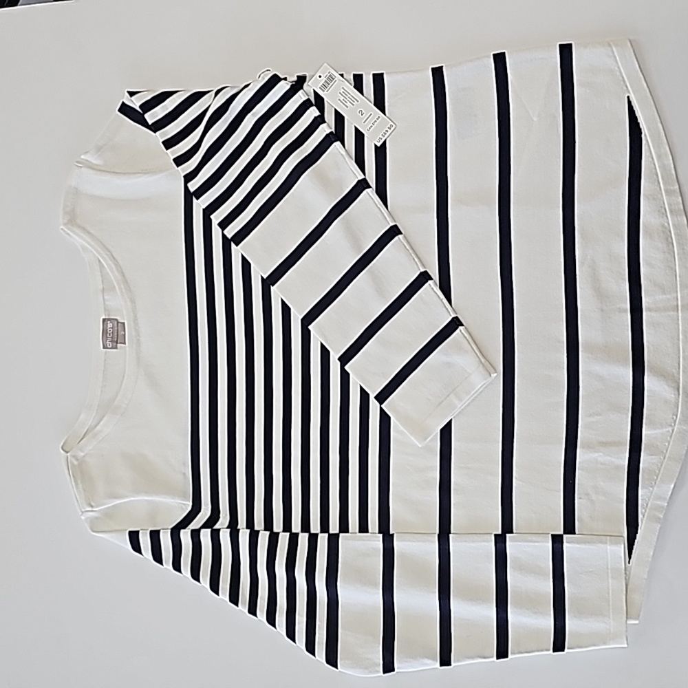 Chico's Sweater Women Size 2 Ivory Blue Striped  NWT